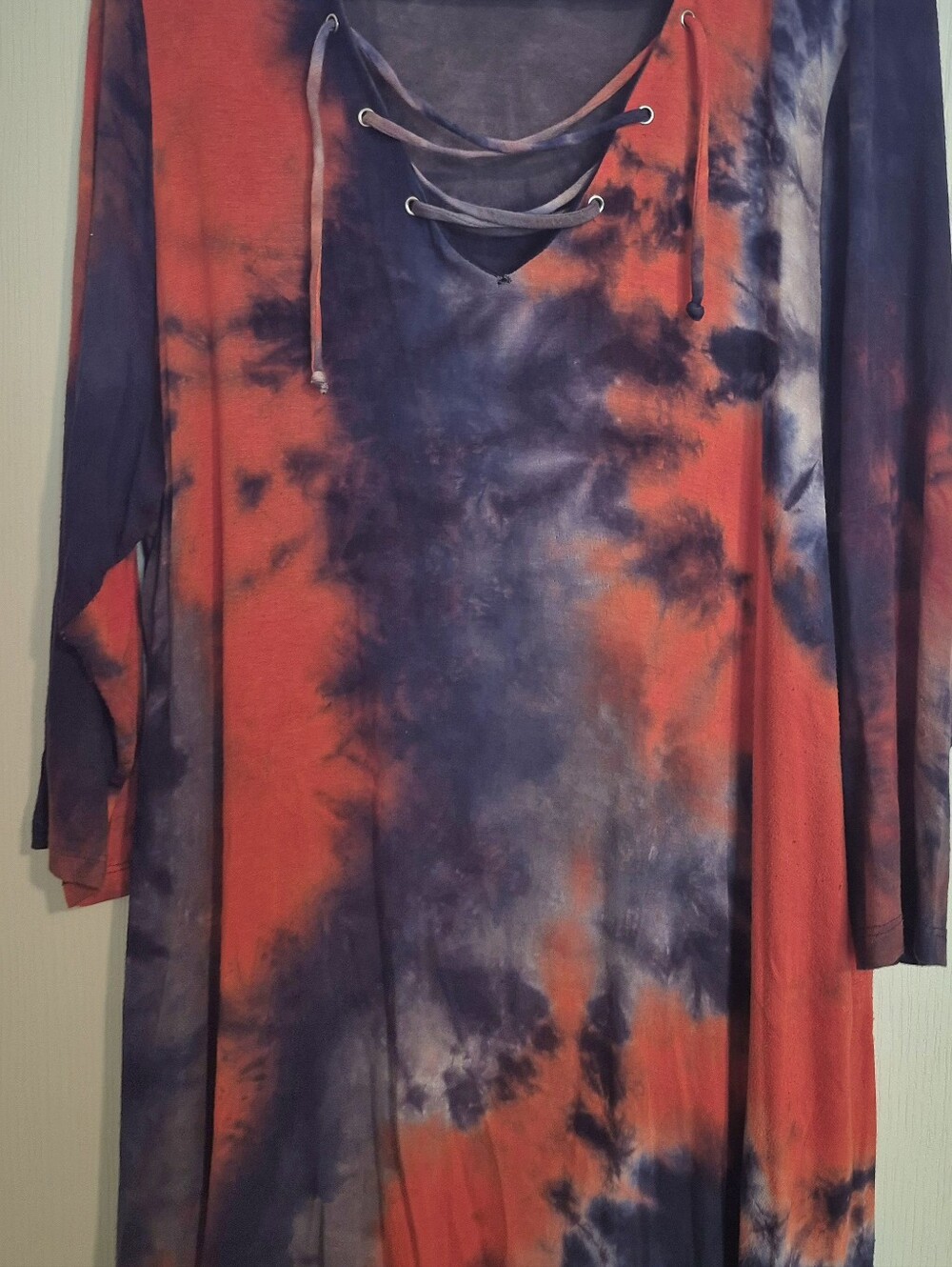 Tie-Dye Lace-Up Long Sleeve Tunic Top - Red & Blue